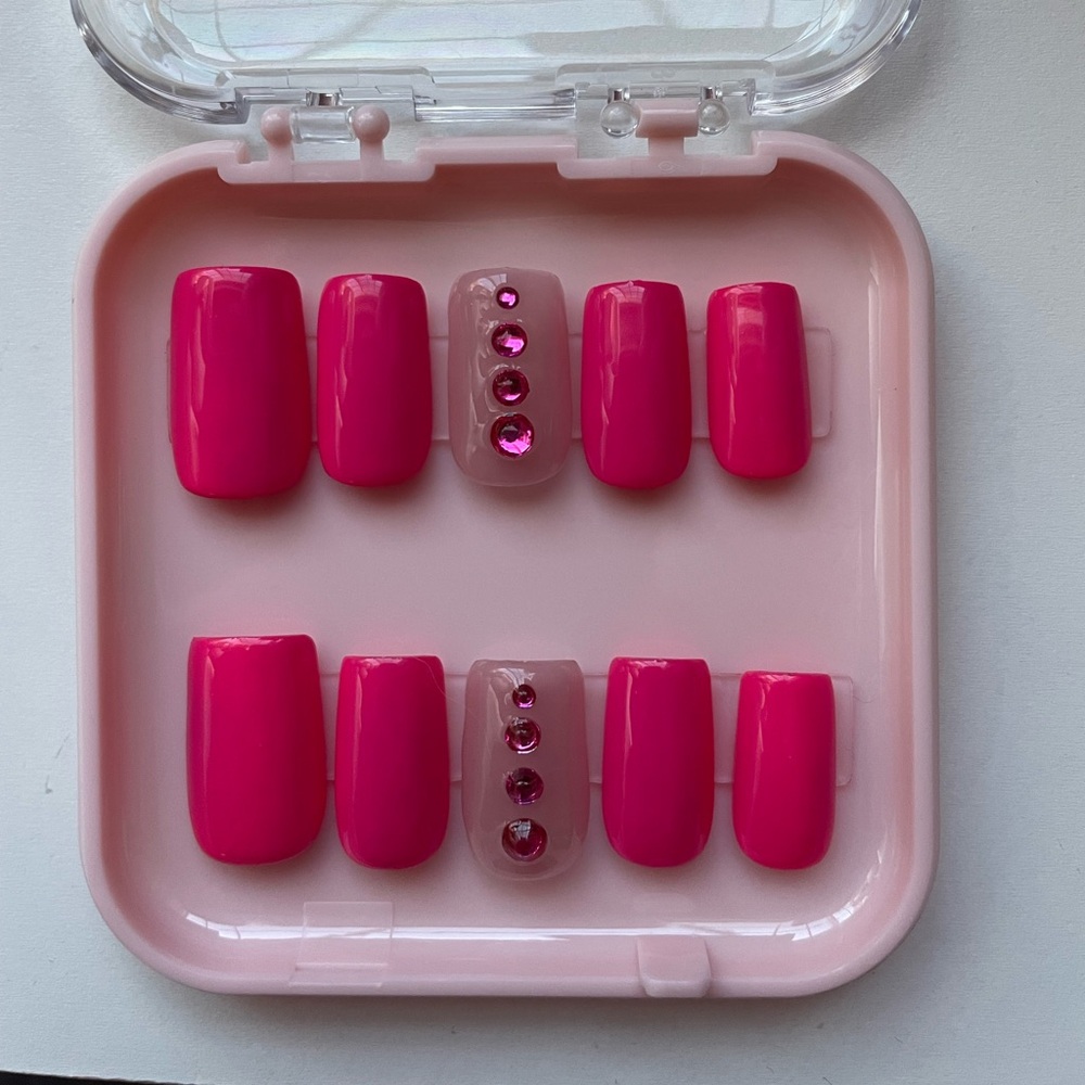 Pink Press-On Nails with Rhinestones- Hand Painted
